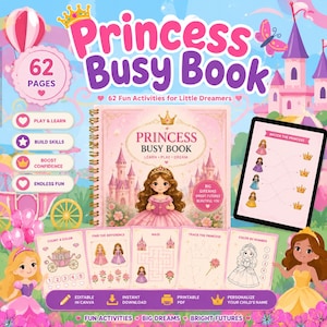 Puede incluir: Un libro de actividades Princess Busy Book de 62 páginas. La portada muestra una princesa con vestido rosa frente a un castillo. Incluye un libro de espiral, una tableta con un juego de emparejar y cinco hojas de actividades con ejercicios de contar, laberintos y colorear.