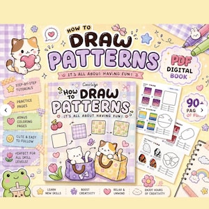 Pode incluir: Um livro de desenho digital intitulado How to Draw Patterns com ilustrações em tons pastel de gatos, flores e corações. A capa exibe tutoriais de padrões passo a passo, páginas de prática e páginas para colorir. Inclui 90 páginas de conteúdo em formato de livro digital PDF, apresentando vários designs gráficos e guias de desenho.