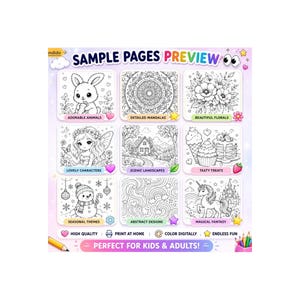 May include: A digital coloring book preview featuring nine distinct black and white line art illustrations including a rabbit, mandala, flowers, a fairy, a landscape, desserts, a snowman, abstract patterns, and a unicorn with the text SAMPLE PAGES PREVIEW.