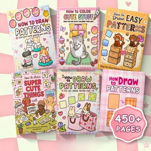 May include: Six instructional drawing and coloring books featuring cartoon animals and patterns. Titles include How to Draw Patterns, How to Color Cute Stuff, How to Draw Easy Patterns, How to Draw Super Cute Things, and a book with 450+ pages.