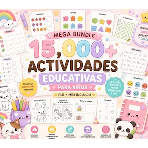 Pode incluir: Um pacote de atividades educativas digitais para crianças com o texto 15,000+ ACTIVIDADES EDUCATIVAS PARA NIÑOS. O design inclui folhas de trabalho coloridas com contagem, formas, labirintos, alfabeto e emoções, além de ilustrações de um gato, um panda e lápis.
