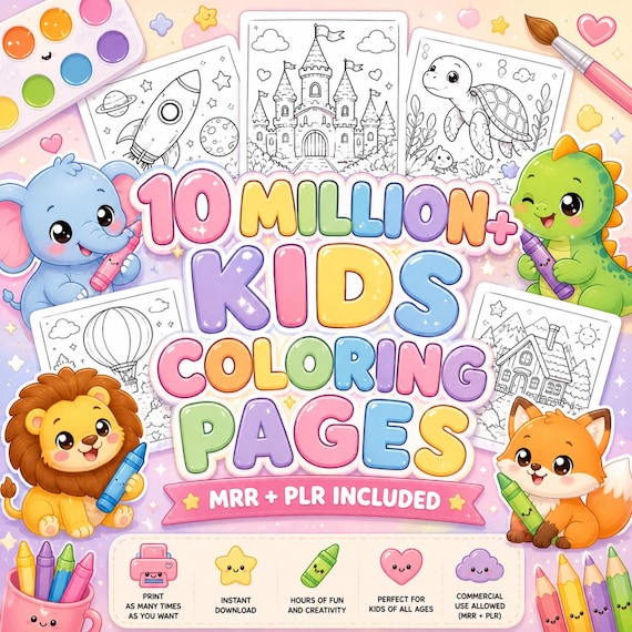 10 millions + Kids Coloring Pages | Printable Coloring Book Bundle | Cute Animal Coloring Sheets | PLR MRR | Instant Download