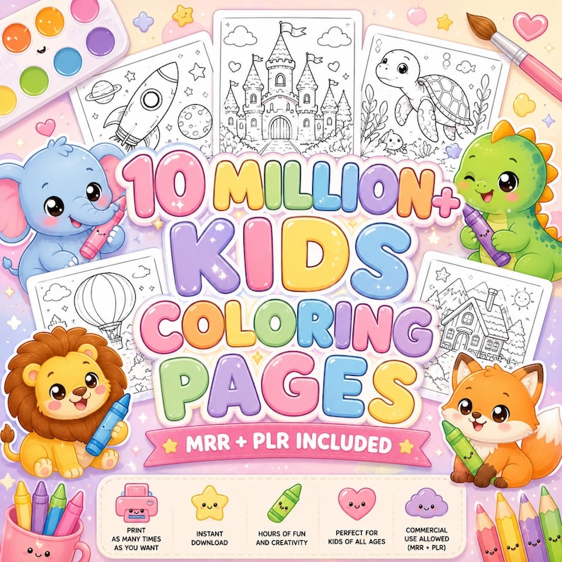 May include: A digital collection of 10 Million+ Kids Coloring Pages featuring cartoon animals like an elephant, dinosaur, lion, and fox, alongside line art of a castle, rocket, and hot air balloon, with paint sets and crayons included.