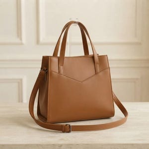 Puede incluir: Un bolso de mano estructurado de color tostado con dos asas superiores y una correa de hombro desmontable y ajustable. El bolso tiene un acabado liso y mate con una costura en forma de V en el panel frontal y un cierre superior seguro.