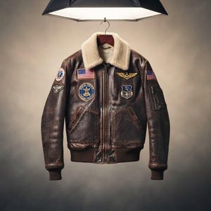 Puede incluir: Una chaqueta tipo bomber de cuero marrón con cuello de borrego color crema, cierre de cremallera frontal y puños acanalados. La chaqueta está adornada con varios parches bordados, incluyendo banderas estadounidenses, alas y emblemas militares.