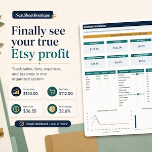 May include: A digital business dashboard for Etsy sellers featuring a summary of gross sales, net profit, and tax prep. The interface displays financial data, including charts and tables, with text reading Finally see your true Etsy profit and NeatSheetBoutique.