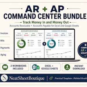 May include: A digital dashboard display titled AR + AP COMMAND CENTER BUNDLE for tracking accounts receivable and payable in Excel and Google Sheets. It features financial charts, ageing summaries, and icons for invoices, bills, and payments.