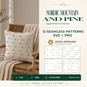 May include: A square throw pillow featuring a repeating pattern of small dark mountain icons and horizontal dashes on a light beige fabric. The digital product listing includes text for 12 seamless patterns in SVG and PNG file formats.