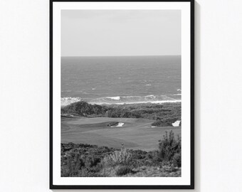 Golf Course Green Ocean Waves Coastal Poster, Vintage Fine Art Photography Print, Retro Black and White Luxury Fashion Wall Art
