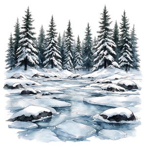 May include: A watercolor illustration of a winter landscape featuring a frozen river with jagged ice floes and dark rocks covered in snow. In the background, a dense forest of tall evergreen pine trees stands under a light dusting of snow.