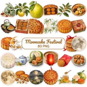 Puede incluir: Una colección digital de ilustraciones del Festival de la Luna con pasteles de luna, un conejo de jade, pomelos, juegos de té, linternas y una luna llena. El texto central dice Mooncake Festival 80 PNG, mostrando elementos tradicionales.
