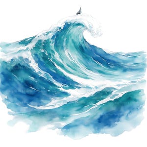 May include: A watercolour illustration of a large, cresting ocean wave in shades of deep blue, turquoise, and white sea foam. A small sailboat with a single mast is positioned at the very top of the wave. The text Twig, Scale & Feather is visible.