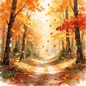 Puede incluir: Una pintura de acuarela de un sendero forestal en otoño, con árboles altos de follaje vibrante en tonos naranja, amarillo y rojo. Hojas caídas cubren el suelo y varias hojas se muestran suspendidas en el aire, atravesando el espacio luminoso.