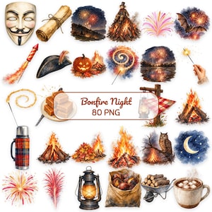 Może przedstawiać: Cyfrowa kolekcja 80 akwarelowych ilustracji PNG na Bonfire Night, zawierająca maskę Guya Fawkesa, zwój, fajerwerki, ogniska, dynię, zimne ognie, latarnię, sowę, termos, pieczone kasztany oraz kubek gorącej czekolady z piankami.