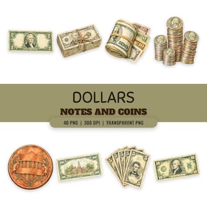 Puede incluir: Una colección de ilustraciones digitales con moneda estadounidense, que incluye un billete de dos dólares, un fajo de billetes de cincuenta, un rollo de billetes variados, pilas de monedas, un emblema de escudo color cobre y varios billetes.