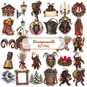 Puede incluir: Una colección de ilustraciones digitales que incluyen figuras de Krampus, casas nevadas, iglesias, linternas, velas, coronas, campanas, haces de abedul y cestas de carbón. El texto central dice Krampusnacht 80 PNG, mostrando varios elementos navideños.