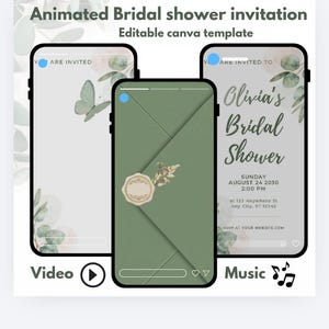 May include: An animated bridal shower invitation Canva template displayed on three smartphone screens. The design features sage green envelopes with wax seals, eucalyptus leaves, and text reading Olivia's Bridal Shower, Sunday August 24 2030.