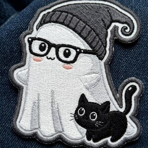 Kawaii Nerdy Ghost Black Cat Patch Hipster Ghost with Glasses & Beanie Iron On Spookycute Halloween Back Patch for Jackets Bags VA1702