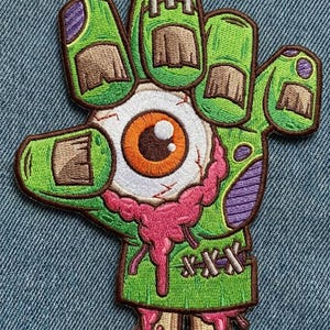 Zombie Hand Eyeball Monster Palm Eye Iron On Frankenstein Gory Horror Applique for Jackets, Vests & Bags Spooky Halloween Back Patch VA1702