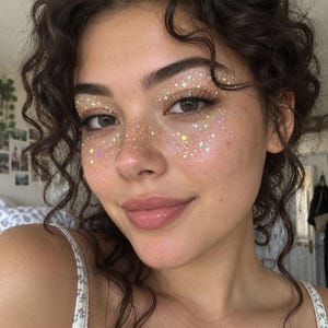 May include: A person with dark curly hair and brown eyes featuring a makeup look with iridescent star-shaped glitter applied across the bridge of the nose and under the eyes, paired with a natural lip colour and a white floral patterned strap top.