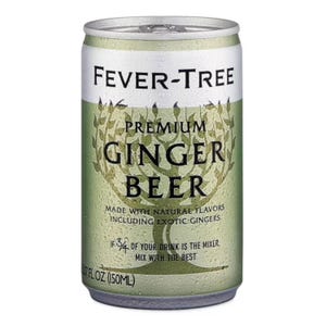 May include: A 5.07 fluid ounce aluminum can of Fever-Tree Premium Ginger Beer. The can features a light green background with a dark green tree illustration, black text, and a silver top. It states, If 3/4 of your drink is the mixer, mix with the best.