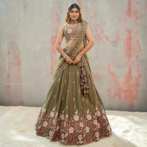 Olive Satin Lehenga Set, Semi Stitched Sequin Coding Embroidered Lehenga Choli with Net Dupatta, Indian Wedding Festive Wear