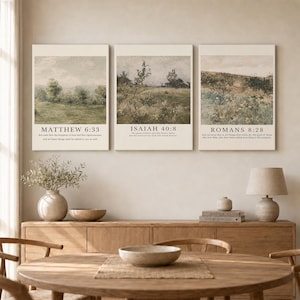 Bibelvers Landskap Väggkonst Set med 3, Matteus Jesaja Romarbrevet Inramad Canvas, Vintage Natur Kristen Dekor för Hemmet