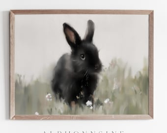 Vintage Black Rabbit Painting Print | Baby Bunny Woodland Nursery Wall Art | Pastel Forest Animal Kids Room Decor Printable Digital Download