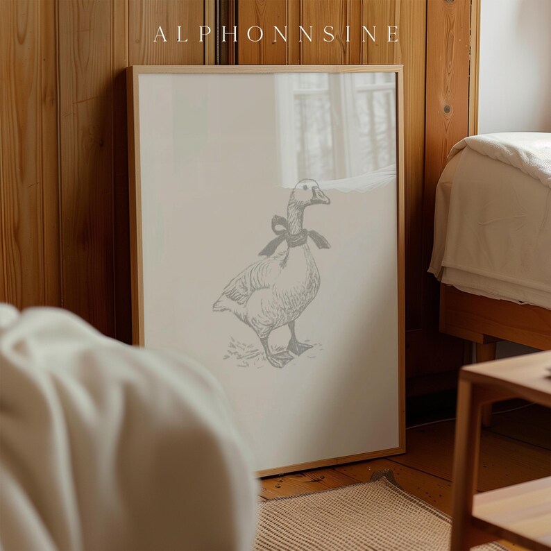 Baby goose printable wall art for playroom — soft monochrome drawing that adds a cute and artistic touch to any space.
