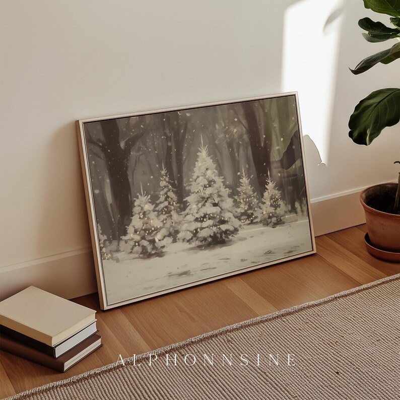 Printable Snowy Christmas Trees Winter Forest Wall Art Print, Vintage ...