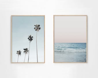 Set of 2 Prints, Matching Set Wall Art, Gallery Wall, Beach, Ocean, Palm Tree Large Home Decor, Pastel, Nautical Printable Download