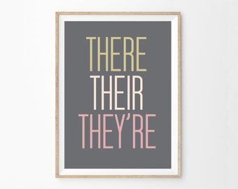 There Their They're Cheeky Typography Art Print Printable, Grammar Art Digital Download, Colorful Dorm Decor Wall Art, Gift Idea Book Lover