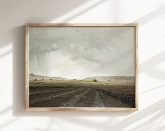 Vintage Moody Flower Meadow Landscape Painting Printable Wall Art | Sun Beam Rays Storm Rain Clouds Sky Painting Digital Download #0006