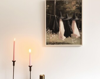 Whimsical Forest Witch Art Print Poster, Pink Wildflowers and Witch Hats Witch Oil Painting, Pastel Halloween Woodland Witch Printable
