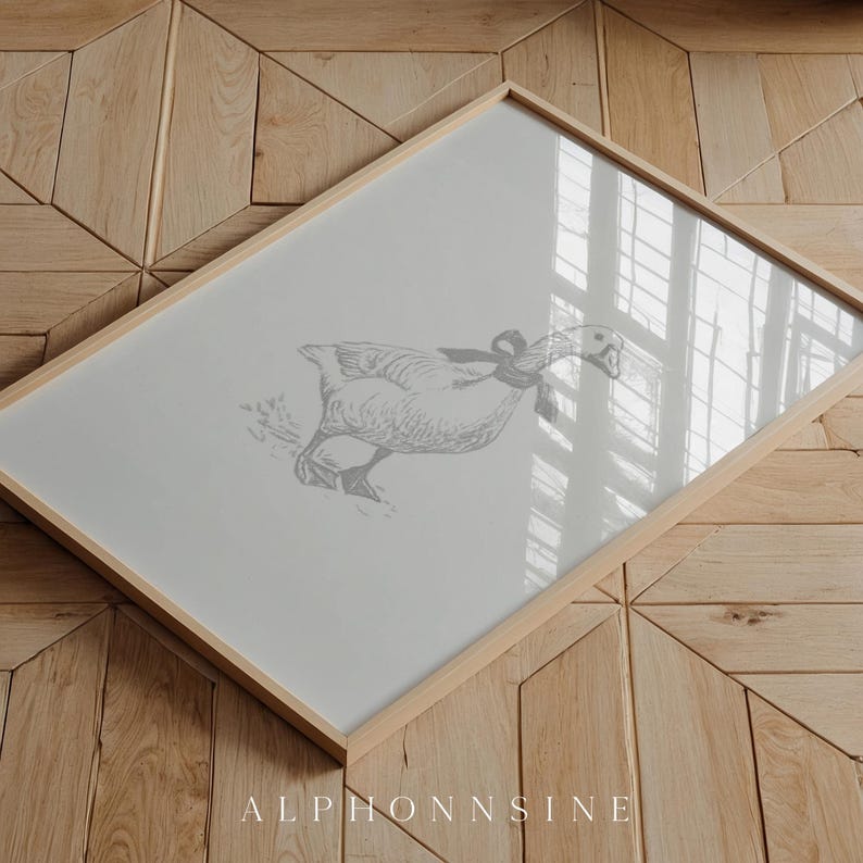 Single baby goose printable art for playroom — enchanting monochrome drawing with intricate details and gentle ground shading.