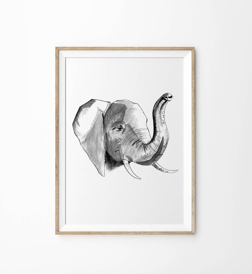 Elephant Print Black and White Watercolor Elephant Wall Art Etsy