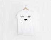 Black and White Fashion - Cat Shirt - Kitty Cat T Shirt - White Super Soft Thin Tee Shirt - Cat Face Whiskers - Gift for Cat Lover
