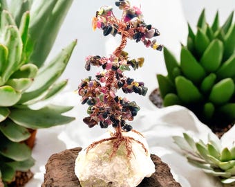 Tourmaline Wire Pine Tree Sculpture on Herkimer Diamond Base