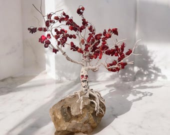 Red Coral Wire Tree Sculpture: Herkimer Diamond Base, Handmade