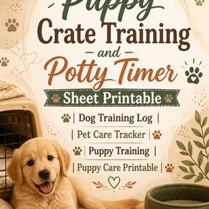 May include: A printable sheet titled Puppy Crate Training and Potty Timer, featuring a golden puppy, a dog bed, and a bone toy. The text includes Dog Training Log, Pet Care Tracker, Puppy Training, and Puppy Care Printable with paw print accents.
