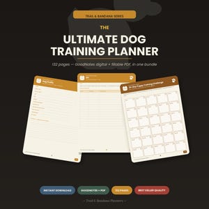 Pode incluir: O planeador de treino canino Ultimate Dog Training Planner inclui 132 páginas em formatos GoodNotes e PDF preenchível. Três páginas exibidas mostram um perfil de cão, um registo de treino e um desafio de 30 dias sobre um fundo escuro.