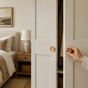 May include: A pair of round, light-toned wooden cabinet knobs attached to white, paneled closet doors. The knobs feature a concave, circular design with a smooth, natural wood grain finish, providing a functional grip for opening the doors.
