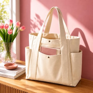 Op de afbeelding: Een crèmekleurige canvas tote bag met twee lange schouderbanden, een centraal buitenvak met drukknoopsluiting en twee zijvakken. Een klein roze notitieboekje zit in het voorvak van de gestructureerde stoffen tas.