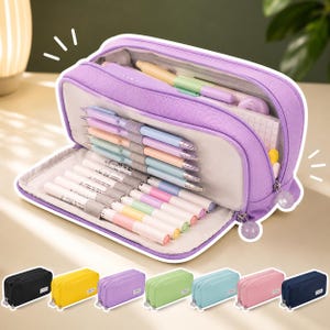 May include: A lavender fabric pencil case with a zippered opening, featuring an interior flap with elastic loops holding multiple pastel-colored pens. The case is shown open, revealing a light-colored lining and additional stationery items.