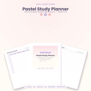 Puede incluir: Un planificador de estudios digital con tonos pastel. La portada muestra el texto "Pastel Study Planner" con tres pequeños iconos de flores. El diseño incluye una página de horario semanal y una página de notas con líneas. El texto inferior dice "12 PAGES", "UNDATED", "PRINTABLE + GOODNOTES".
