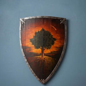 Op de afbeelding: Een spits toelopend schild van donker hout met een metalen rand voorzien van decoratieve klinknagels. Het oppervlak toont een geschilderde scène van een grote boom met zichtbare wortels tegen een levendige oranje en rode zonsondergang.