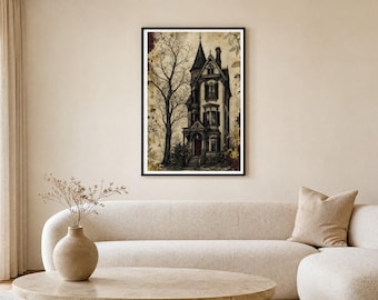 Vintage Halloween Wall Art, The Old House Print, Dark Academia Gothic Decor, Moody Halloween, Digital Download