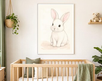 Quadro para quarto de bebê rosa claro, coelhinho corado, arte de parede para imprimir para bebê menina, decoração rosa suave para quarto de bebê, download digital