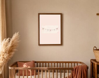 Quadro para quarto de bebê rosa claro, guirlanda de laços, arte de parede para imprimir para menina, decoração de quarto de bebê rosa suave, download digital