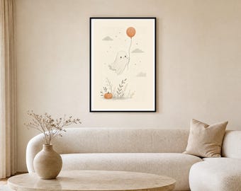 Ghost with a Balloon Print, Kids Halloween Decor, Sage Nursery Art (Digital Download)